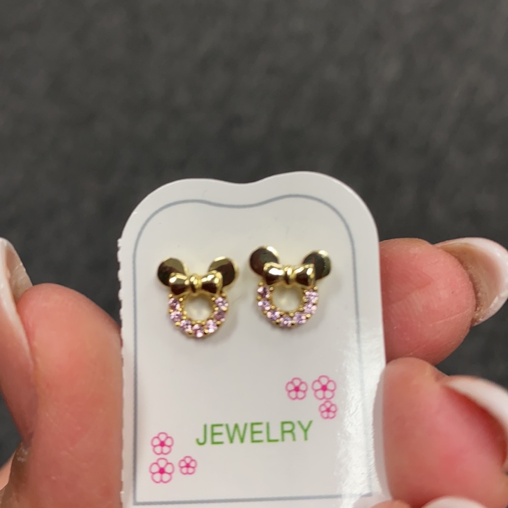 New Kids Girls Earrings gold plated CZ Pink Mouse. - Picture 2 of 9